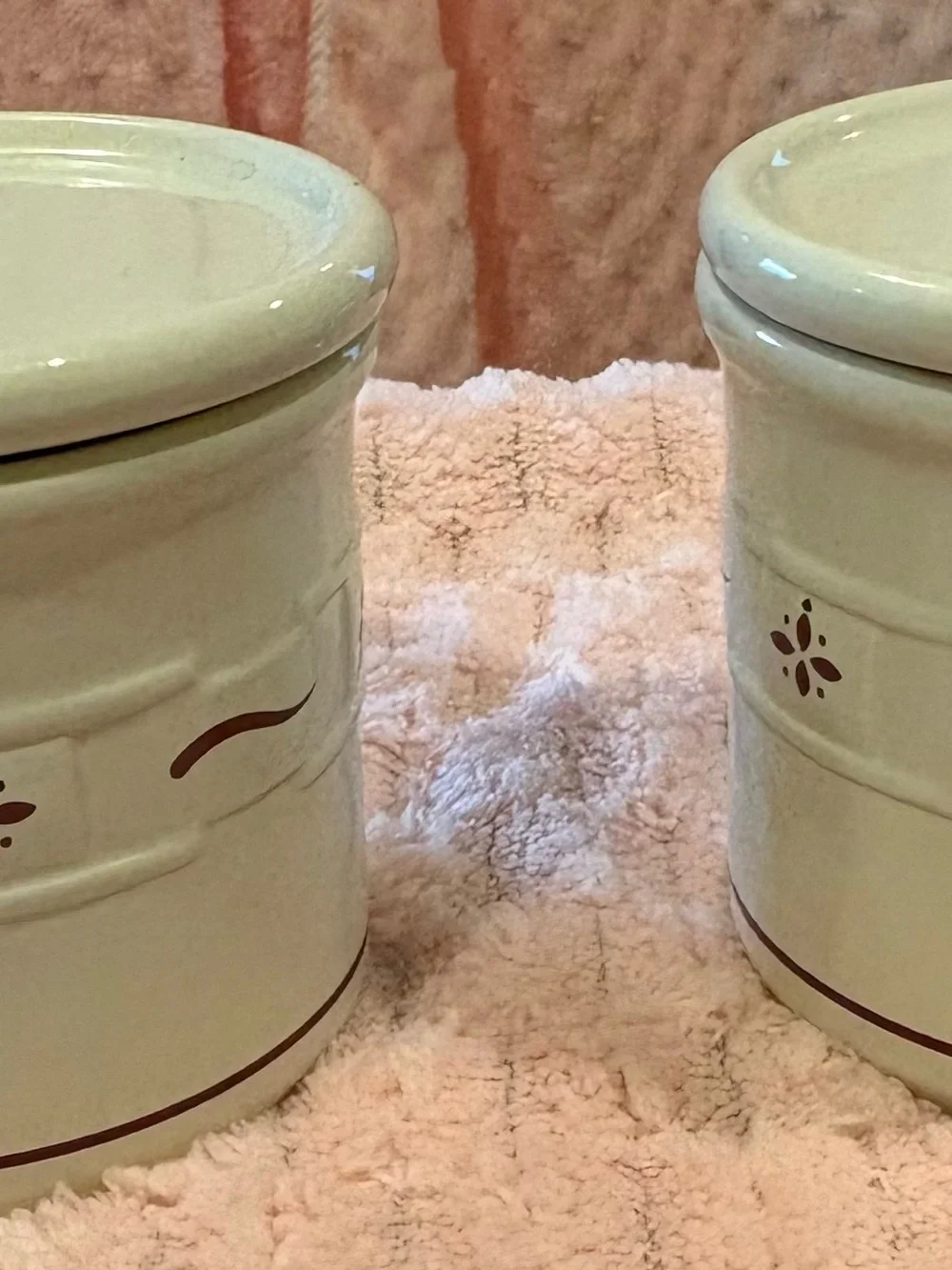 2 Longaberger Woven Traditions 1 pint crocks with coaster lids. Traditional Red